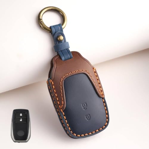 Image of Keyzone Dual Leather Key Cover for Toyota Innova Crysta, Innova HyCross, Hilux 2 Button smart Key (Blue-Brown)