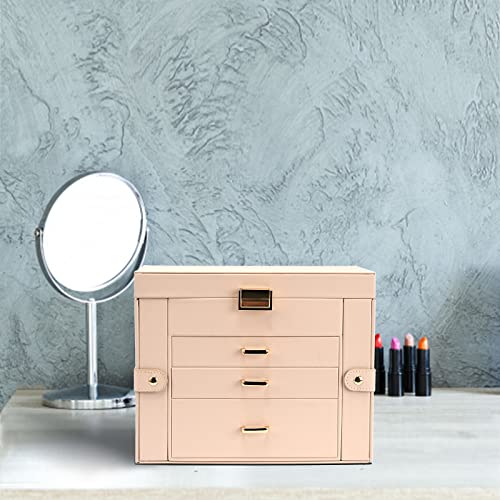 Dqutar Jewelry Box For Women 4-Layer Leather Large Jewelry Organizer Box With Drawers&Mirror For Necklace/Ring/Earring/Watch Storage (Beige) #TOP5