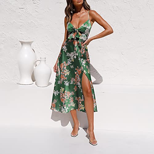 Image of Fashionme Women Spaghetti Strap Midi Satin Dresses Tie Front Backless Slit Cutout Dress Semi-Formal /Casual Flowy Lightweight