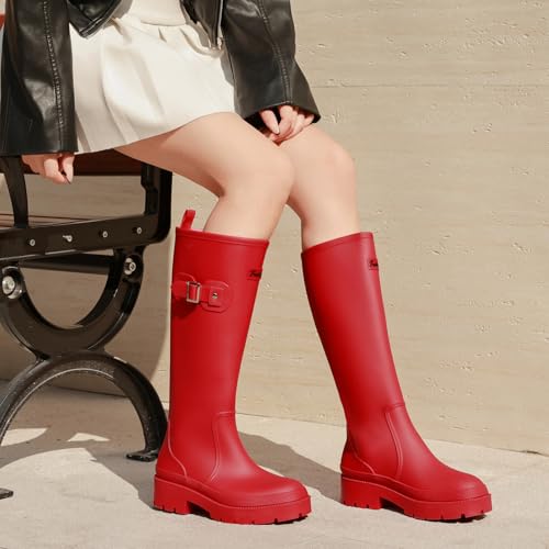 Yenxapei Gummistiefel Damen Lange Stiefel, Original Wasserdicht Hohe Rutschfeste, Sicherheitsstiefel Gummischuhe Bequeme Gartenschuhe Für den Innen- und Außenbereich,Rot,40.5EU
