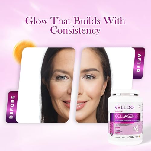 Image of Leeford Velldo Marine Collagen Supplement with Vitamin C & E for Men and Women, for Healthy Skin, Hair, Nails, Bones & Joints | Orange Flavour, Sugar Free & Gluten-free 200 g