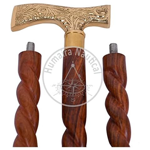 Humaira Nautical Walking Stick Men Derby Canes and Wooden Walking Stick for Men and Women 36" Brown Ebony Brass T Shape Handle in Golden Tone Natural Wood Unisex Cane. Cover