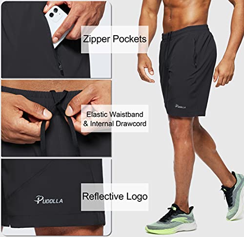 Pudolla Short masculino para treino, corrida, leve, academia, atlético, com bolsos com zíper, Preto,
