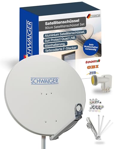 SCHWAIGER Satellitenschüssel Komplettset - Ø 88 cm Aluminium Offset Antenne in Hellgrau - Inkl....