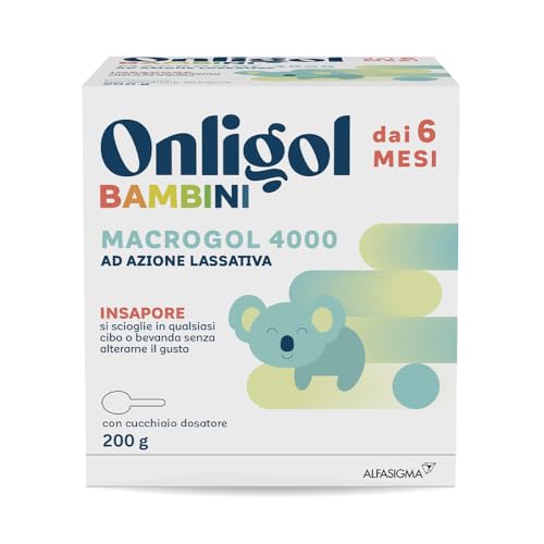 Onligol Bambini – Trattamento per la Stitichezza nei Bambini dai 6 mesi in su, a Base di Macrogol 4000, insapore – Flacone da 200g con cucchiaino dosatore