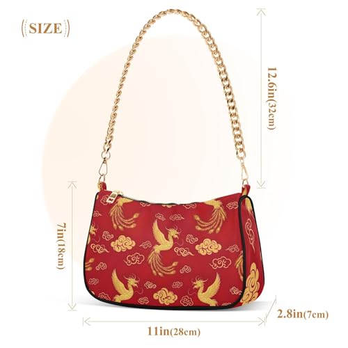 Gold Birds Swirl Cloud Red Floral Shoulder Bag for Women Hobo Totes Purse Bags Chain Strap Zipper Phone Purse Cute3