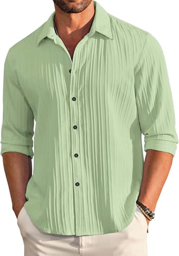 Image of DEELMO Men's Casual Button Down Shirts Long Sleeve Linen Shirt Fashion Textured Beach Summer Shirt