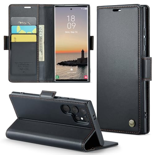 Étui portefeuille Samsung S24 Ultra en cuir noir avec béquille