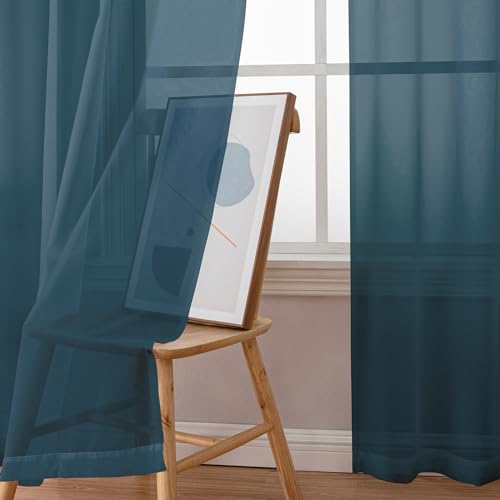 Image of Simplebrand Dusty Blue Short Sheer Kitchen Curtains 36 Inch Length Tier Rod Pocket Cafe Drapes Half Window for Bathroom Small Windows 42 x 36 Inch, 2 Panels
