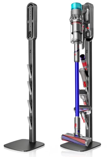 Image of Vacuum Stand for Dyson V16 Gen5 V15 V12 V11 V10 V8 V7 V6 - Stable Metal Holder w /Hidden Cord Management & 4 Hooks, Storage Rack for Dyson Cordless Vacuum & Accessories, Easy Assembly, Dark Gray