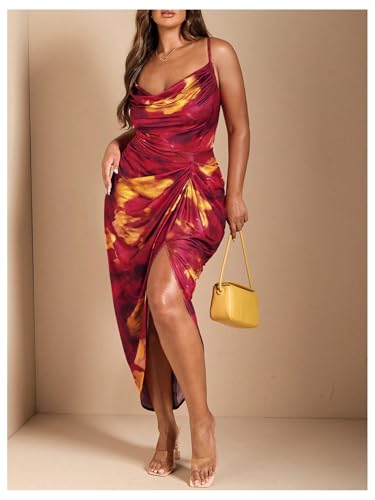 Image of WDIRARA Women's Plus Size Tie Dye Bodycon Long Dress Cowl Neck Sleeveless Ruched Split Cami Dresses