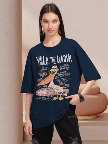 Image of HELLCAT Beige Trendy Printed Oversized T-Shirt for Women