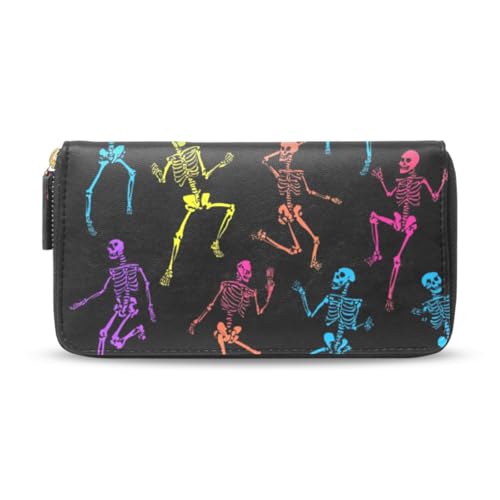 Long Wallets Leather Bifold Wallet for Women Black Dancing Skeletons with Zipper Credit Card Holder Large Capacity