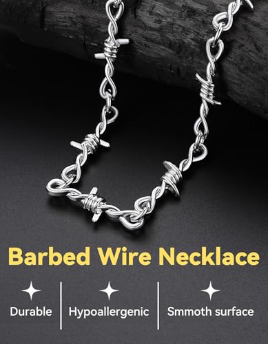 ChainsHouse Barbed Wire Necklace Punk Thorns Chain Necklace for Men Women, 6mm Wide Stainless Steel/Black Metal/18K Gold Plated Hiphop Rock Jewelry, 18-22Inch4
