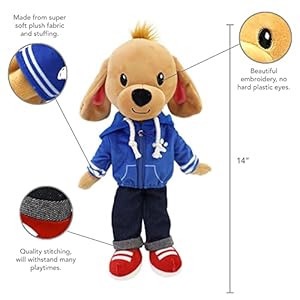 Playtime by Eimmie Plushible Rag Doll Dog – Soft Dolls for Baby Boy, Girls, Toddler & Infants – Stuffed Animal Rag Doll Plush Toys- Washable Fabric – Sensory Toys – 14 Inch Stuffed Dog with Clothes