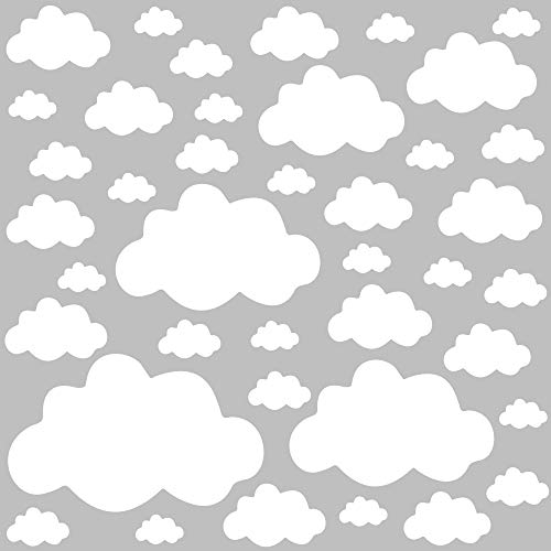PREMYO Set de 40 Stickers Muraux Enfants Nuages - Autocollants Décoration Murale Chambre Bébé - Facile à Poser Blanc