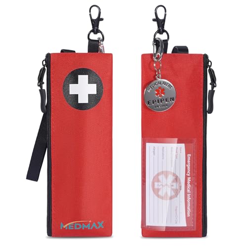 MEDMAX Estuche para EpiPen, 1x Bolsa Pequeña Aislante con llavero de Emergencia Médica y Tarjeta de Información de Emergencia, Bolsa Médica para EpiPens, Soporte para EpiPen para Viajes al Aire Libre
