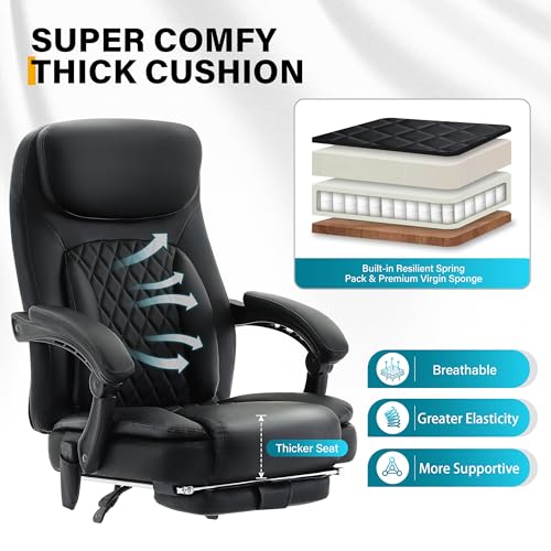 6-Point Massage Office Chair with Heated, Ergonomic Office Chair with Footrest & 45°Reclining High Back, Big and Tall Executive Office Chair 500LBS, Thick Cushion Desk Chair for Home Office, Black(PU)