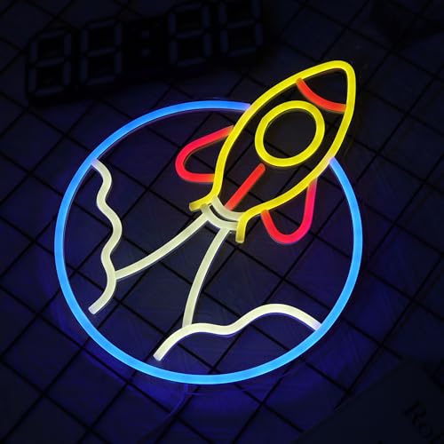 Image of CoolGift Mart Rocket Neon Sign, LED Light Room Decor, USB Powered Light Up Space Element Universe Theme Decoration, for Bedroom Living Room Gaming Room Man Cave Home Party Birthday Gift for Teen Boys