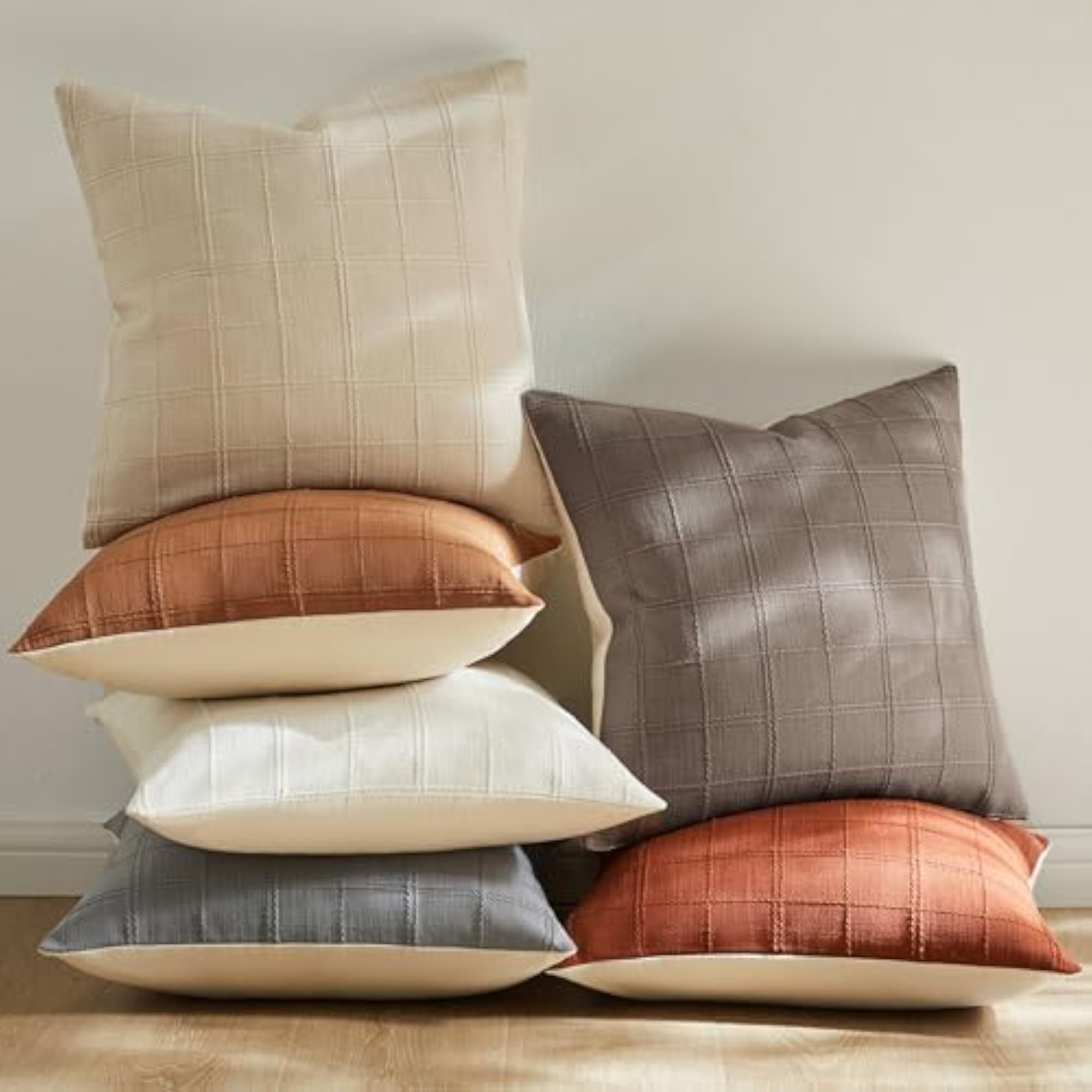 Linen Checked Throw Pillow Covers Set of 2, 18x18 Inch Ivory/Cream