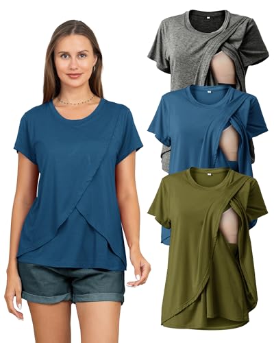 Image of Rnxrbb 3 Pack Women's Nursing Tops for Breastfeeding Summer Short Sleeve T Shirts Postpartum Double Layer Clothes