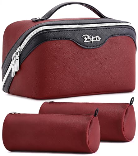 BOYATU Travel Makeup Bag Organizer Cosmetic Bag: 3 Pcs Set Make up Bags for Women with Handle - Waterproof Vegan Leather Toiletry Bags Travel Essentials Pouch with Compartments (A-04-Red)