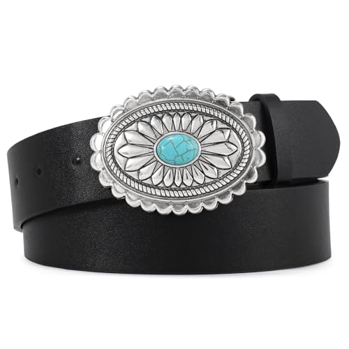 Image of XZQTIVE Women Western Leather Belt Vintage Country Belts For Cowgirl Jeans Dresses Ladies Concho Belt With Turquoise Buckle