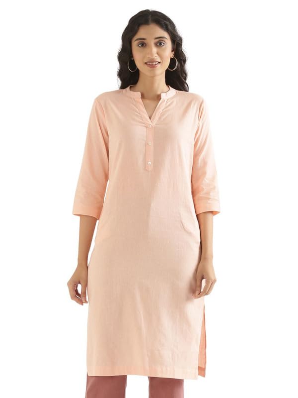 Image of SAADAA Women's Linen Straight Fit Straight Long Kurta Airy Plain Kurta, 3 /4 Sleeve, Knee Length Kurtis with Pockets, Casual and Office Wear