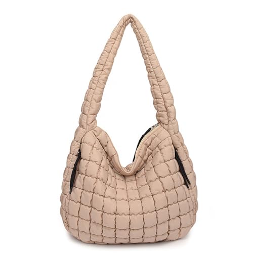 Image of Puffer Tote Bag for Women Large Quilted Tote Bag with Zipper Nylon Lightweight Hobo Handbag Padding Shoulder Purse (Khaki)