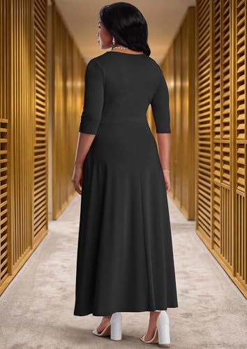 Image of FANDEE Fit-and-Flare Maxi Dress Round Neck Pleated Front Side Pockets | Front pleats soft flatter your bust shape; Empire Waist lengthen your figure; 3 /4 sleeves round neck suit for many occasions