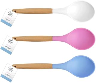 Silicone Serving Spoon Nonstick Heat Resistant Cooking Solid Silicon Stirring Spoons Features 32cm in Length Kitchen Utensil Set for Cooking Baking Mixing (Assorted Colour, Wood,Silicone)