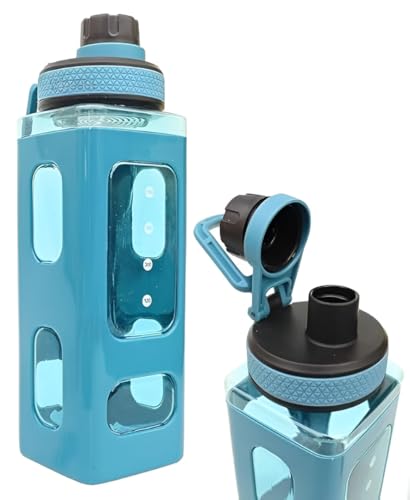 Image of LHOTSE FreeSip Cute Square Water Bottle for School with Straw & Leakproof Lid - Large Capacity Kawaii Bottle for Kids, Girls & Office Use (Blue)