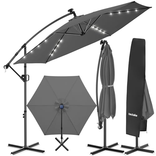 tectake® Parasol déporté, 3 x 3 m avec Eclairage LED, Pivotant à 360°, Inclinable de 90° à 135°, UV 50+, Panneau solaire, Parasol de jardin exterieur,...