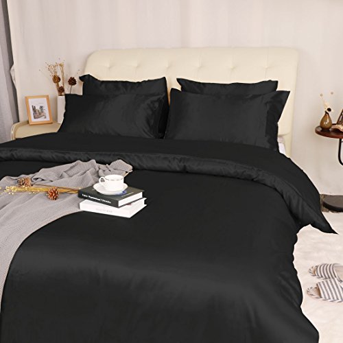 Uxcell Duvet Cover Set With 2 Pillow Shams,Soft Polyester Silky Satin Bedding 3-Piece Set,Solid Color Satiny Comforter Cover Set With Zipper Closure & Corner Ties Queen Black #TOP1