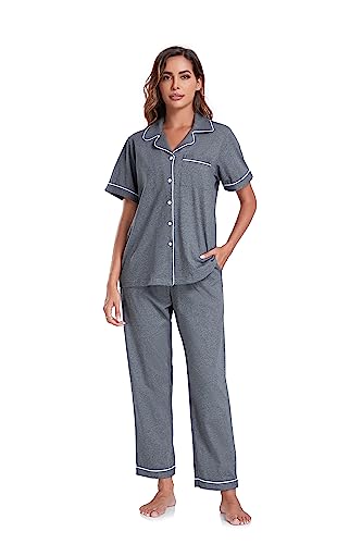 Image of COLORFULLEAF Women's 100% Cotton Pajamas Set Button Down Sleepwear Short Sleeve Shirt and Long Pants Soft Ladies Lounge Sets