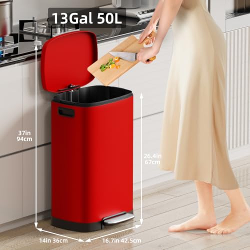 Image of KUK 13 Gallon Kitchen Trash Can with Lid, 50L /13Gal Office Step Garbage Can for Home, Kitchen, Laundry Room, Office, Brushed Stainless Steel, Red