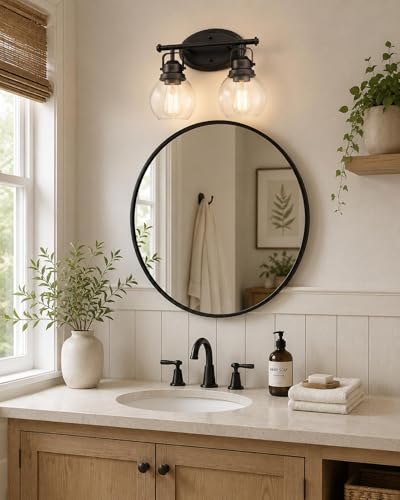 Image of Farmhouse Vintage Bathroom Light Fixtures, 2-Light Wall Mount Lighting Sconce Over Mirror, Oil Rubbed Bronze Vanity Lights with Globe Clear Glass, AD-2147-2W