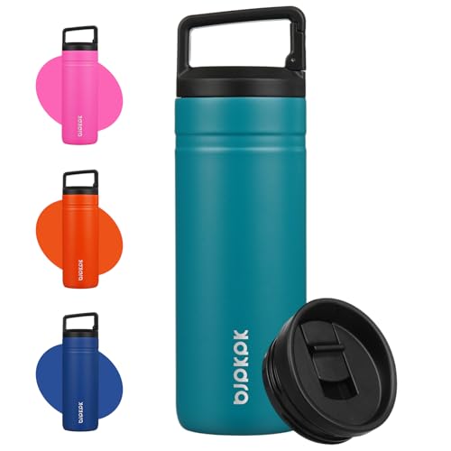 Image of BJPKPK 20 oz Insulated Travel Water Bottle, Coffee Tumbler Stainless Steel | Double Wall Vacuum, Leakproof, Thermal, Keeps Hot /Cold, Dishwasher Safe, Spill Proof, Wide Mouth, 2 Lids, Lake Blue