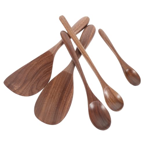 MOKKHNB 5個 黒胡桃木製スプーン点 軽量耐熱調理用しゃもじスープライスキッチン用具 ノンスクラッチ食器洗浄対応和洋食器カトラリー