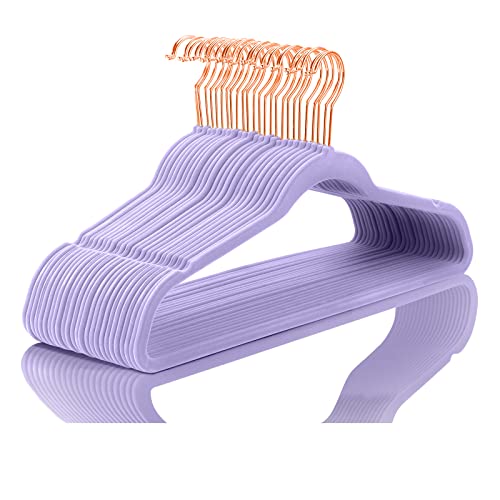Image of Premium Velvet Hangers (Pack of 50) Heavyduty - Non Slip - Velvet Suit Hangers Light Purple - Copper /Rose Gold Hooks,Space Saving Clothes Hangers (Light Purple)