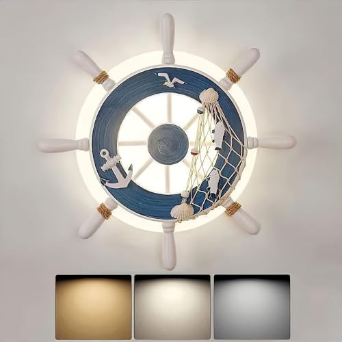 SIYANE Appliques murales pour chambre d'enfants 18W Dimmable LED Appliques murales Roue de bateau Gouvernail Ancre nautique Méditerranéen Plafonnier encastré Lampe murale pour enfants pour chambre de