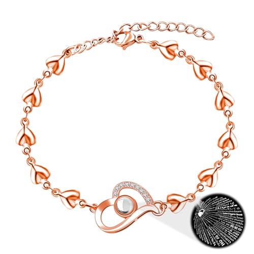 Image of Uloveido Cute Stainless Steel Heart Link Chain Bracelet | 100 Different Languages I Love You Projection Bracelets for Women Girls