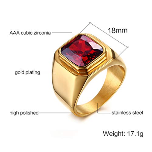 Pmtier Men's Stainless Steel Simple Gold Plated Ring With Square Red Gem Stone Size 10 #TOP1