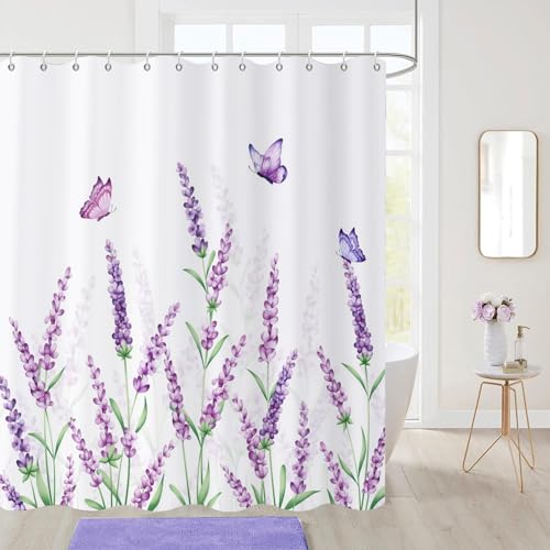 Caheansi Lavender Floral Shower Curtain, Purple Flower with Butterflies Green Leaf Plants Bathroom Curtain Waterproof Fabric Machine Washable with Hooks, 60" Wx72 L