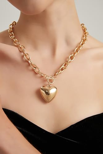 Large Chunky Gold Necklace with Heart Pendant for Women, Paperclip Choker Chain Puffy Heart Pendant Toggle Clasp Necklaces Thick Chain Jewelry Birthday4