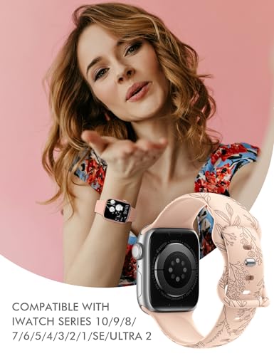 Image of Minyee Floral Engraved Band Compatible with Apple Watch 41mm 40mm 38mm 42mm 44mm 45mm 46mm 49mm Women, Cute Soft Silicone Flower Sport Fancy Strap for iWatch Series 11 10 9 8 7 6 5 4 SE /Ultra 3 2 1