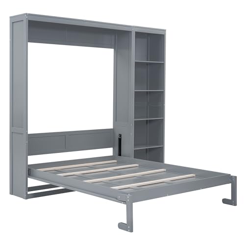 Image of Merax Space-Saving Gray Murphy Bed Queen Size with Adjustable Storage Shelves, Multifunctional Foldable Wall Bed for Small Spaces Studio Study Office Guest Room