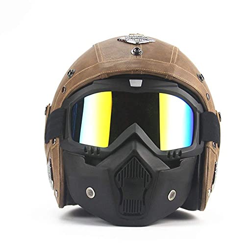 JWKJ Casco Abierto Motocicleta Retro, ECE Homologado Moto Cuero Medio Casco Casco Moto Jet Casco Moto Abierto Custom Scooter para Mujer Hombre Adultos (Color : Brown, Size : M)