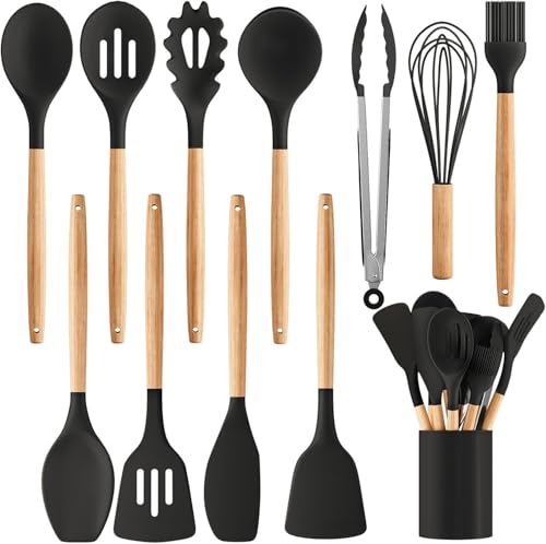 Image of Elmvia Silicone Cooking Utensil Set,12 PCS Cooking Kitchen Utensils Set, Nonstick Kitchen Utensils 446F Heat-Resistant Cookware Kitchen Tools of Spoon,Brush,Whisk,Spatula,Turner Tongs (Black)