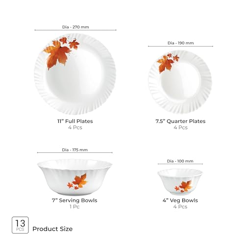 Image of Treo by Milton Opalware Aurelia Mapelle Dinner Set of 13 | Serving for 4 | Microwave & Dishwasher Safe | Bone-Ash Free | Tempered Toughness | Plates & Bowls | Crockery Set for Dining & Gifting